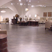 Select red oak flooring on concrete w/ebony stain, furniture showroom, High Point, NC